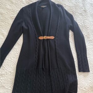 Brooks Brothers Black Cable Knit Cardigan with Leather Closure